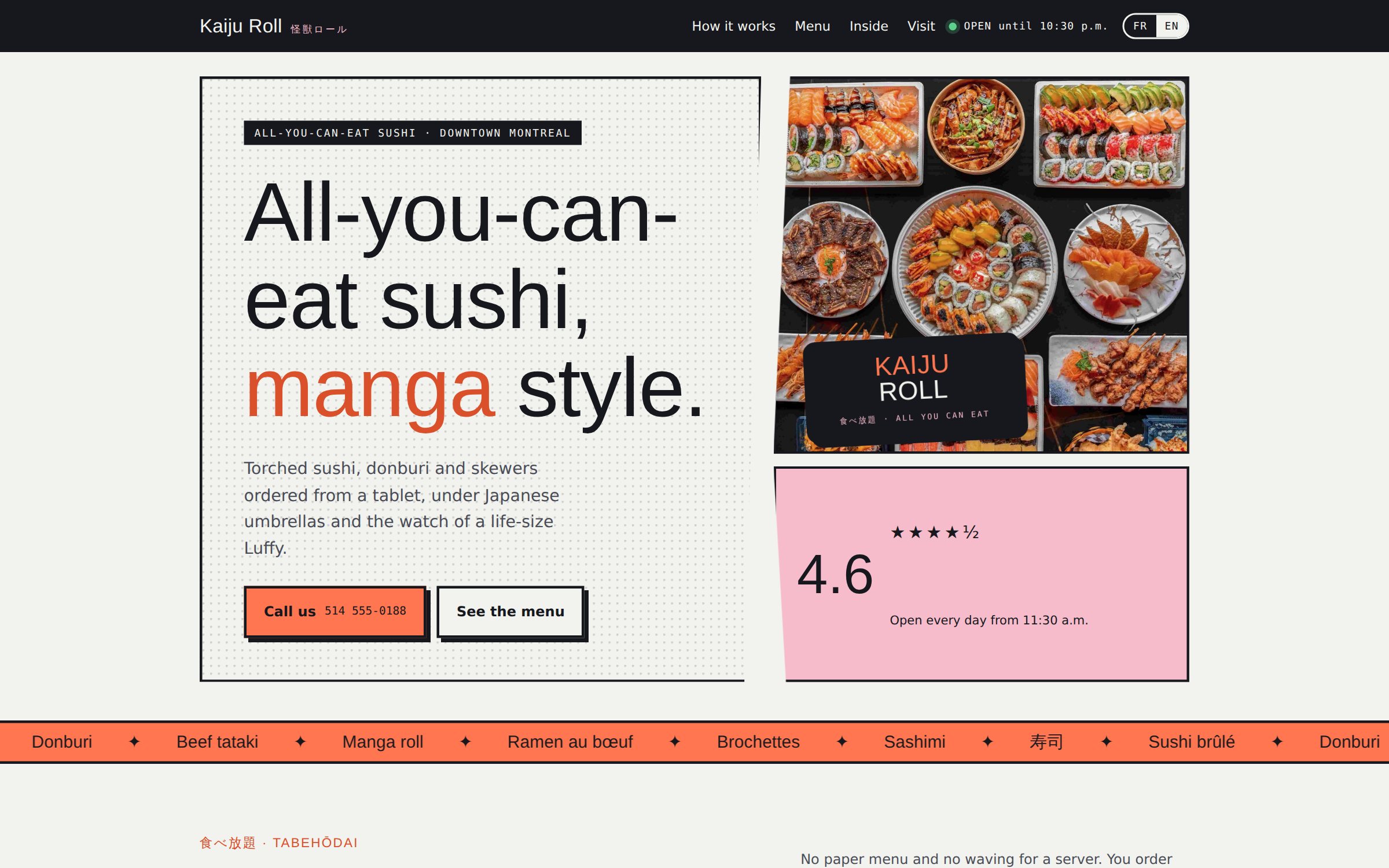 The Kaiju Roll site: an all-you-can-eat sushi headline beside a photograph of sushi platters.